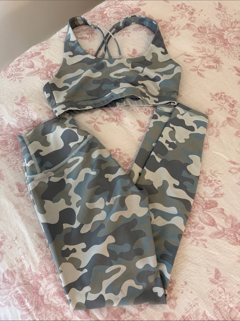 Spiritual Gangster Gray & Blue Camo Sports Bra and Leggings Set